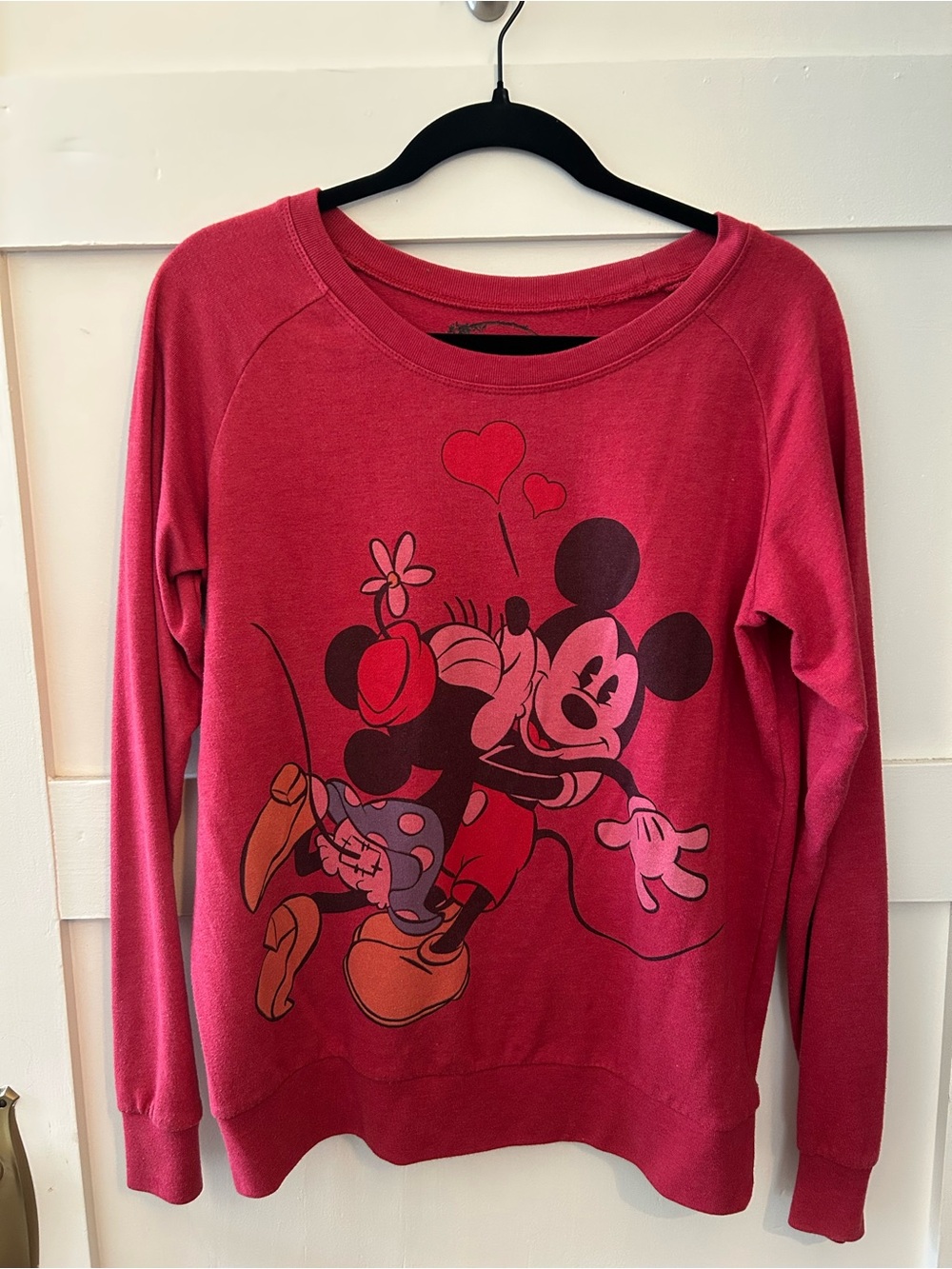 Disney Women’s Pink Red Mickey & Minnie Graphic Crewneck Sweater